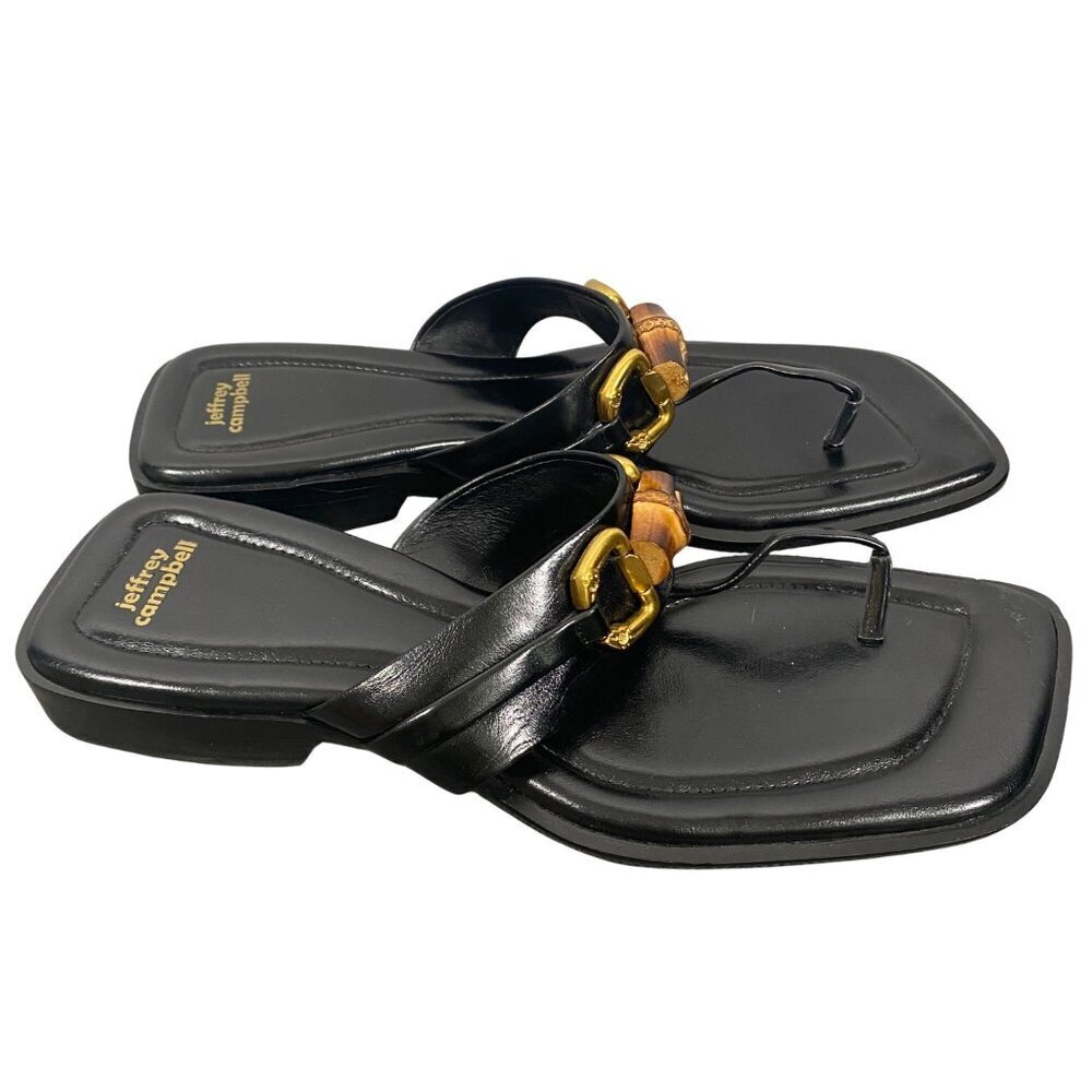 Jeffrey Campbell Black Leather Thong Sandals with Gold & Tan Hardware - Picture 4 of 14
